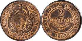 BOLIVIA. Copper 2 Centavos Pattern (Essai), 1883-EG. PCGS SP-63 RB Gold Shield.

KM-E4. Significant original red remains around the raises surfaces.