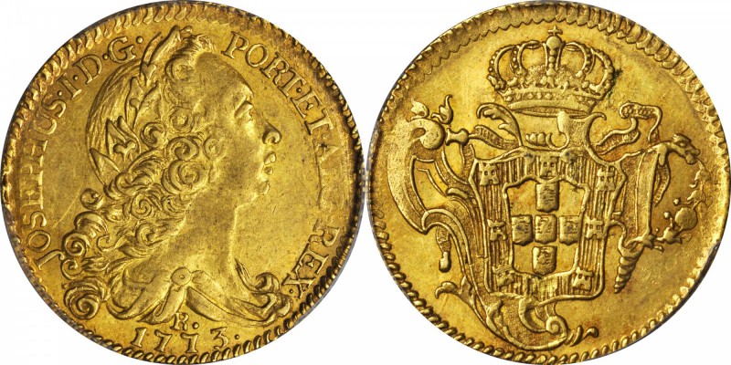 BRAZIL. 6400 Reis (Peca), 1773-R. Jose I (1750-77). PCGS AU-55 Gold Shield.

F...