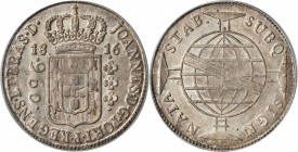 BRAZIL. 960 Reis, 1816-B. PCGS MS-62 Gold Shield.

KM-307.1; LDMB-P401a; Gomes-JR.31.10. Struck over a Spanish Colonial 8 Reales of indeterminate da...