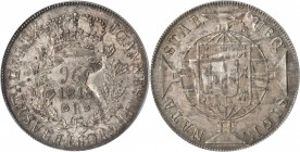 BRAZIL. 960 Reis, 1818-R. PCGS MS-62 Gold Shield.

KM-326.1; LDMB-P476; Gomes-J6.25.01. Struck over a Spanish Colonial 8 Reales. Variety with wreath...