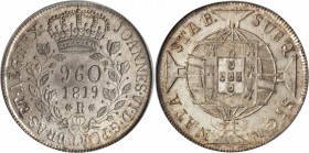 BRAZIL. 960 Reis, 1819-R. PCGS MS-65 Gold Shield.

KM-326.1; LDMB-P477; Gomes-J6.22.06. Struck over a Spanish Colonial 8 Reales. Tied with six other...