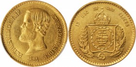 BRAZIL. 20000 Reis, 1851. PCGS MS-62 Gold Shield.

Fr-121; KM-463; LDMB-O635. A bright yellow gold example with frosty luster and few deep marks. RA...
