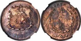 BRITISH NORTH BORNEO. 1/2 Cent, 1886-H. NGC SP-65 RB.

KM-1. Mostly pinkish red colored in the fields with a splash of blue and mauve tone on both s...
