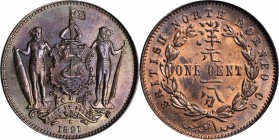 BRITISH NORTH BORNEO. Cent, 1891-H. PCGS MS-64 RB.

KM-2; Tan-NBC2. A premium survivor of the issue with satiny luster in the fields, attractive ton...