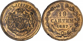 BULGARIA. Copper 10 Santim Pattern, 1887-AB. NGC MS-62 RB.

KM-E3. Essai in Copper from a reported mintage of 8 pieces. Dies by Auguste Birchaut. Gl...