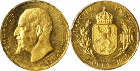 BULGARIA. 20 Leva, 1912. PCGS AU-58 Gold Shield.

Fr-6; KM-33. Attractive quality with strong prooflike characteristics in the fields.
