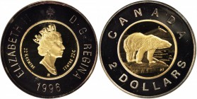 CANADA. 2 Dollars, 1996. ANACS PROOF-67 HEAVY CAMEO.

KM-270a. A gold and silver bi-metallic issue with attractive mauve tone over portions of the o...