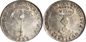 CHILE. Peso, 1822-So FI. Santiago Mint. PCGS AU-55 Gold Shield.

KM-82.2. Lightly toned and still lustrous in the fields with a few marks, several w...
