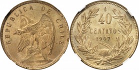 CHILE. 40 Centavos, 1907. Santiago Mint. NGC MS-64.

KM-163. KEY DATE of this two year issue, only 56,000 struck. Fully lustrous with gray to olive ...