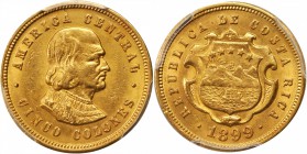 COSTA RICA. 5 Colones, 1899. PCGS AU-58 Gold Shield.

Fr-21; KM-142. Toned with soft satin luster in the fields.