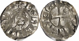 CRUSADER STATES. Antioch. Denier, ND (1149-63). Bohemond III (1149-1201). PCGS AU-50 Gold Shield.

Malloy-30. Obverse: Bare head right, BOAMVNDVS ar...