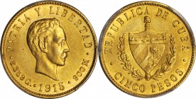 CUBA. 5 Pesos, 1915. PCGS MS-62 Gold Shield.

Fr-4; KM-19. Attractive for the grade with rich tone over both sides and very few marks in the fields.