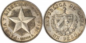 CUBA. Peso, 1915. PCGS AU-58 Gold Shield.

KM-15.1. High relief star. Medium toning with some luster remaining in the protected areas. light signs o...