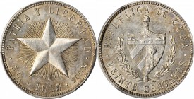 CUBA. 20 Centavos, 1915. PCGS AU-58 Gold Shield.

KM-13.1. High relief star, fine reeding. Lightly toned, bold luster and attractive.