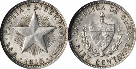 CUBA. 10 Centavos, 1915. NGC MS-63.

KM-A12. Struck in Philadelphia on U.S. dime blanks. Well struck with attractive satiny surfaces and a nice cart...