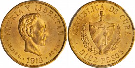 CUBA. 10 Pesos, 1916. PCGS MS-63.

Fr-3; KM-20. Finer than most survivors with gorgeous honey hued tone over both sides.