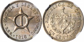 CUBA. Centavo, 1916. NGC MS-64.

KM-9.1. Sharply struck and lustrous with a nice cartwheel effect. Light attractive iridescent sunset hued tone thro...