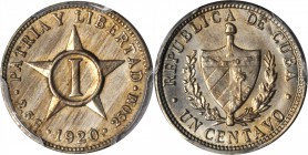 CUBA. Centavo, 1920. PCGS MS-64 Gold Shield.

KM-9.1. Sharply struck with a nice cartwheel effect over satiny surfaces. Slightly streaky toning on t...