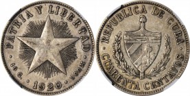 CUBA. 20 & 40 Centavos, 1920. AU-58 & AU Details, Surface Hairlines.

2 pieces in lot. 1920 20 Centavos (KM 13.2, PCGS AU-58, Gold Shield) and 1920 ...