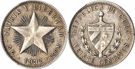 CUBA. 20 Centavos, 1932. PCGS EF-45 Gold Shield.

KM-13.2. KEY DATE to the series. Low relief star. Moderate wear consistent for the grade with attr...
