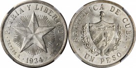 CUBA. Peso, 1934. NGC MS-64.

KM-15.2. Star type. Low relief star. Well struck with light attractive smokey grey tone. Lovely satiny surfaces with a...