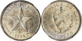 CUBA. Peso, 1934. NGC MS-63.

KM-15.2. Star type. Low relief star. Well struck with signs of handling consistent for the grade. Lustrous with light ...
