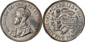 CYPRUS. 45 Piastres, 1928. NGC MS-65.

Prid-1; KM-19. Struck in 0.925 (Sterling) silver unlike Crowns struck in Britain for George V which were only...