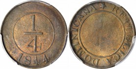 DOMINICAN REPUBLIC. 1/4 Real, 1844. PCGS AU-53 Gold Shield.

KM-1. Decent strike and no distracting marks. Dark toned.
