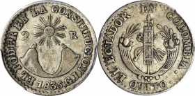 ECUADOR. 2 Reales, 1835-GJ. Quito Mint. PCGS VF-35 Gold Shield.

KM-14. Pale yellow toned due to its low purity silver content with surfaces that ar...
