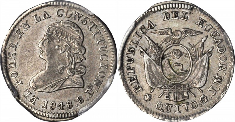 ECUADOR. 1/2 Real, 1848-GJ M. Quito Mint. PCGS AU-55 Gold Shield.

KM-35; Sepp...