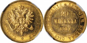 FINLAND. 20 Markkaa, 1904-L. NGC AU-58.

Fr-3; KM-9.2. Crisply struck with flashy luster in the fields and relatively few large marks for the grade....