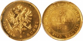 FINLAND. 20 Markkaa, 1912-S. PCGS MS-65+ Gold Shield.

Fr-3; KM-9.2; Sieg-82. Sharply struck and attractively toned with superb luster in the carefu...