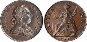 GREAT BRITAIN. 1/2 Penny, 1773. George III (1760-1820). PCGS MS-66 BN.

S-3774; KM-601. Impressive glossy brown in the open fields with hints of min...