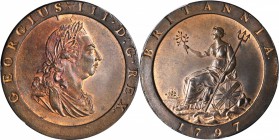GREAT BRITAIN. Penny, 1797. George III (1760-1820). PCGS MS-65 RB Gold Shield.

S-3777; KM-618. Ten leaves in wreath. Sharply struck with a fair amo...