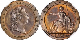 GREAT BRITAIN. Copper 1/2 Penny Pattern Restrike, 1795. George III (1760-1820). NGC PROOF-64 BN.

cf. KM-Pn63; P-1054 (Rare). A picturesque near-Gem...