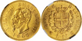 ITALY. 10 Lire, 1863-T. NGC MS-62.

Fr-15; KM-9.2; Gig-27; Mont-155. Nicely struck with soft satin luster.