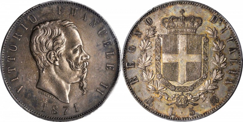 ITALY. 5 Lire, 1871-M BN. Milan Mint. PCGS MS-63 Gold Shield.

KM-8.3; Gig-42;...