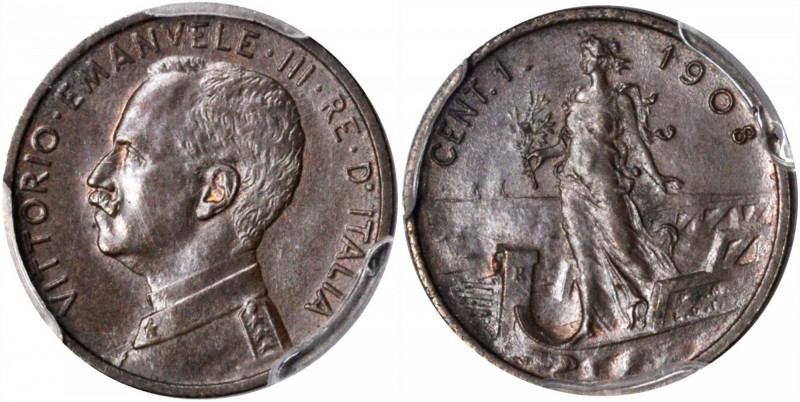 ITALY. Centesimo, 1908-R. Rome Mint. PCGS MS-64 BN Gold Shield.

KM-40. RARE f...