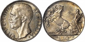 ITALY. 10 Lire, 1926-R. PCGS AU-58 Gold Shield.

KM-68.1; Gig-55; Mont-87. First year of issue. Sharply detailed with attractive rich toning through...
