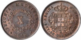 MADEIRA ISLANDS. 10 Reis, 1852. PCGS AU-58.

KM-2. Attractive for the grade with faded mint red coloration visible around portions of the protected ...