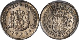 MEXICO. 1/2 Real, 1738-Mo MF. Mexico City Mint. Philip V (1700-46). PCGS MS-63 Gold Shield.

KM-65. Sharply struck with attractive tone and soft sat...