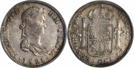 MEXICO. War of Independence. Guadalajara. 8 Reales, 1821-FS. PCGS AU-53 Gold Shield.

KM-111.3. Unusual variety with the fleur-de-lys arranged 1 and...