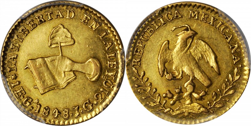 MEXICO. Escudo, 1848/7-Ga JG. Guadalajara Mint. PCGS AU-58 Gold Shield.

Fr-10...