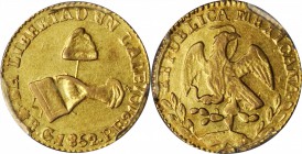 MEXICO. 1/2 Escudo, 1852-Go PF. Guanajuato Mint. PCGS AU-55 Gold Shield.

Fr-115; KM-378.4. Pale rose tone tops the highpoints of the design.