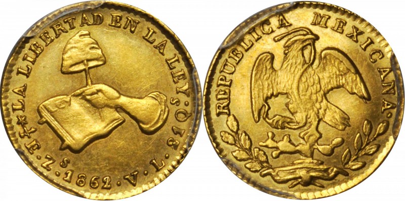 MEXICO. 1/2 Escudo, 1862/1-Zs VL. Mexico City Mint. PCGS AU-58 Gold Shield.

F...