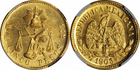 MEXICO. 5 Pesos, 1903-Mo M. Mexico City Mint. NGC MS-64.

Fr-139; KM-412.6. From a mintage of 1,162 pieces. Sharply struck and flashy with a faint p...