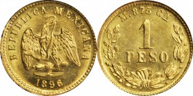 MEXICO. Peso, 1896/5-Cn M. Culiacan Mint. ICG MS-65.

Fr-160; KM-410.2. From a mintage of 1,028 pieces. Fully struck with strong gleam in the fields...