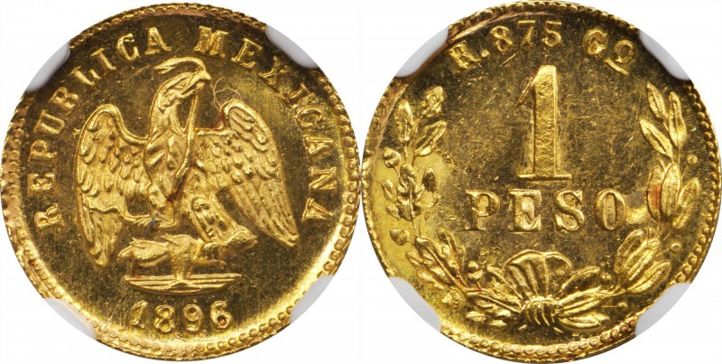 MEXICO. Peso, 1896-Go R. Guanajuato Mint. NGC MS-64.

Fr-161; KM-410.3. Nearly...
