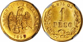 MEXICO. Peso, 1899-Go R. Guanajuato Mint. NGC MS-64.

Fr-161; KM-410.3. From a mintage of 2,748 pieces. Intricately detailed in the centers with a s...