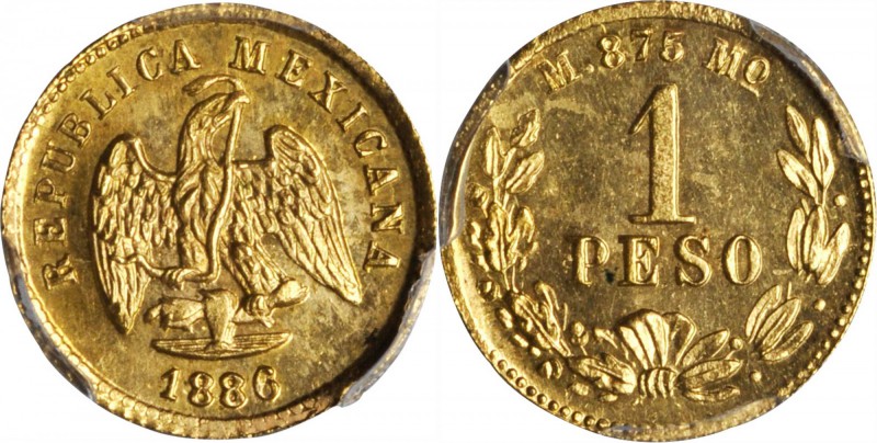 MEXICO. Peso, 1886-Mo M. Mexico City Mint. PCGS MS-64 Gold Shield.

Fr-157; KM...
